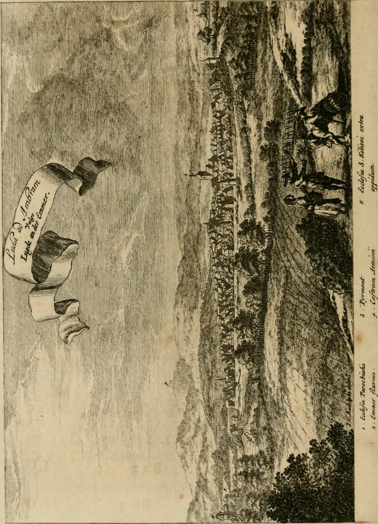 An illustration from Monumenta Paderbornensia : ex historia Romana, Francica, Saxonica eruta, et novis inscriptionibus, figuris, tabulis geographicis & notis illustrata. Accedunt Caroli M. Capitulatio de partibus Saxoniae, ex antiquissimo MS. Palatino Bibliothecae Vaticanae, & Panegyricus Paderbornensis, 1672, leaf 265