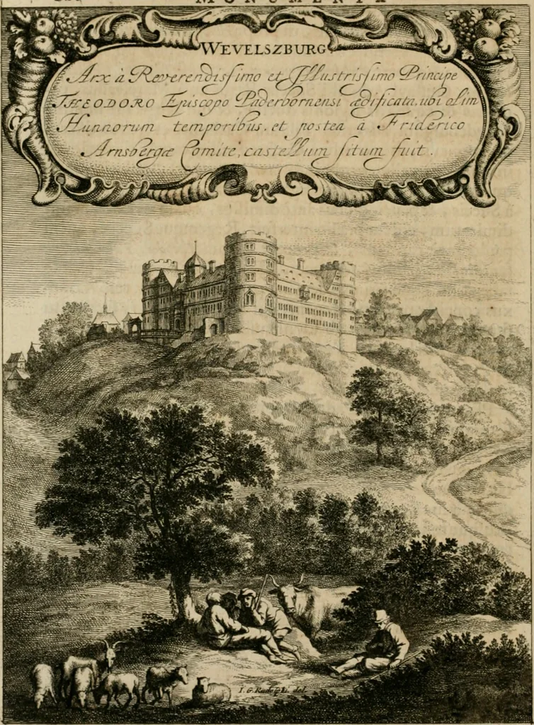 An illustration from Monumenta Paderbornensia : ex historia Romana, Francica, Saxonica eruta, et novis inscriptionibus, figuris, tabulis geographicis & notis illustrata. Accedunt Caroli M. Capitulatio de partibus Saxoniae, ex antiquissimo MS. Palatino Bibliothecae Vaticanae, & Panegyricus Paderbornensis, 1672, leaf 287