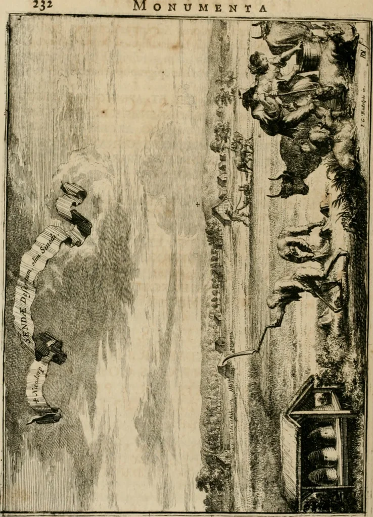 An illustration from Monumenta Paderbornensia : ex historia Romana, Francica, Saxonica eruta, et novis inscriptionibus, figuris, tabulis geographicis & notis illustrata. Accedunt Caroli M. Capitulatio de partibus Saxoniae, ex antiquissimo MS. Palatino Bibliothecae Vaticanae, & Panegyricus Paderbornensis, 1672, leaf 301