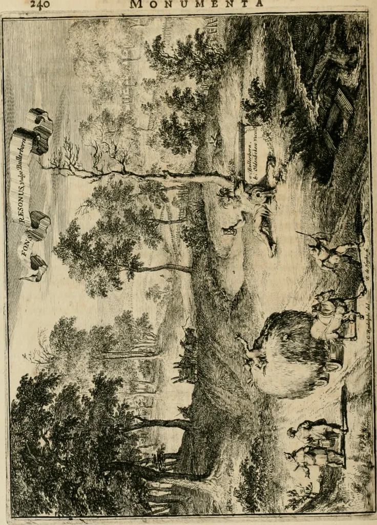 An illustration from Monumenta Paderbornensia : ex historia Romana, Francica, Saxonica eruta, et novis inscriptionibus, figuris, tabulis geographicis & notis illustrata. Accedunt Caroli M. Capitulatio de partibus Saxoniae, ex antiquissimo MS. Palatino Bibliothecae Vaticanae, & Panegyricus Paderbornensis, 1672, leaf 309