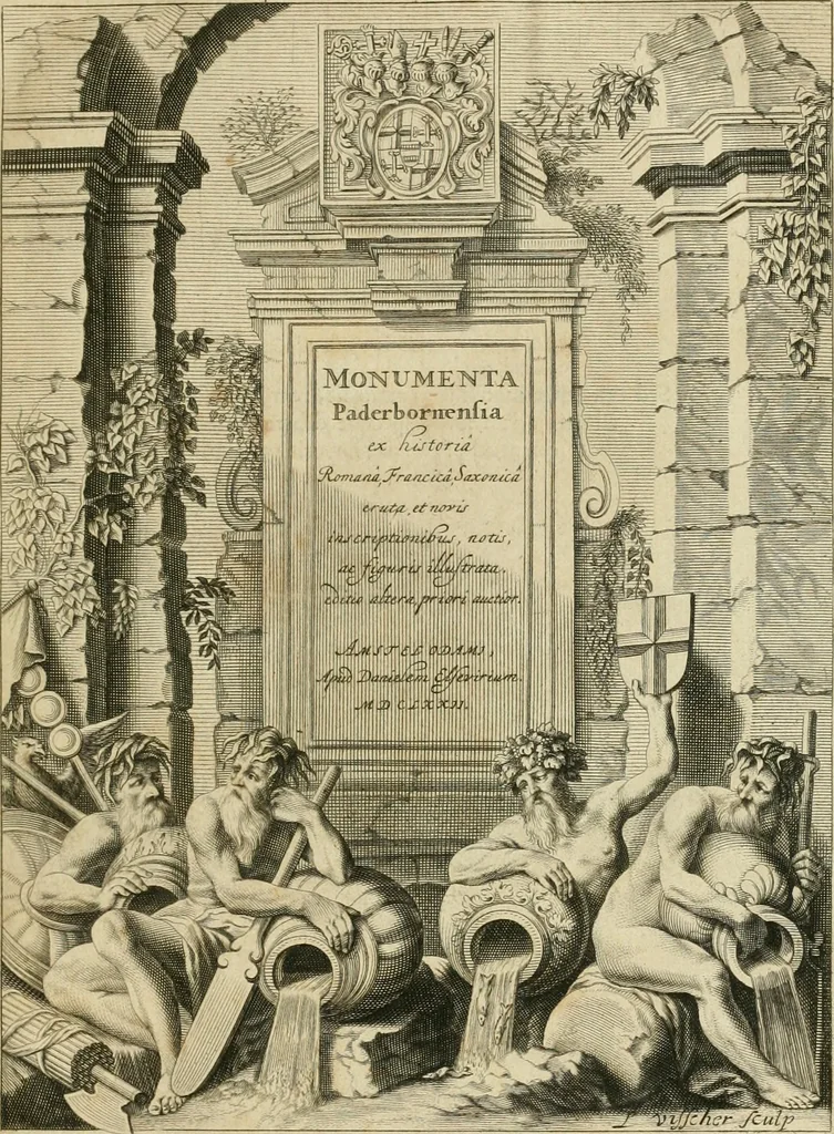 An illustration from Monumenta Paderbornensia : ex historia Romana, Francica, Saxonica eruta, et novis inscriptionibus, figuris, tabulis geographicis & notis illustrata. Accedunt Caroli M. Capitulatio de partibus Saxoniae, ex antiquissimo MS. Palatino Bibliothecae Vaticanae, & Panegyricus Paderbornensis, 1672, leaf 4