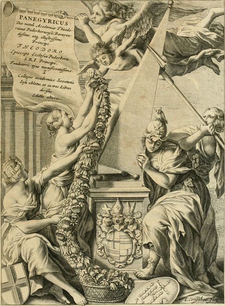 An illustration from Monumenta Paderbornensia : ex historia Romana, Francica, Saxonica eruta, et novis inscriptionibus, figuris, tabulis geographicis & notis illustrata. Accedunt Caroli M. Capitulatio de partibus Saxoniae, ex antiquissimo MS. Palatino Bibliothecae Vaticanae, & Panegyricus Paderbornensis, 1672, leaf 426