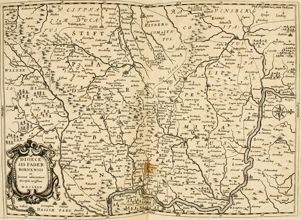An illustration from Monumenta Paderbornensia : ex historia Romana, Francica, Saxonica eruta, et novis inscriptionibus, figuris, tabulis geographicis & notis illustrata. Accedunt Caroli M. Capitulatio de partibus Saxoniae, ex antiquissimo MS. Palatino Bibliothecae Vaticanae, & Panegyricus Paderbornensis, 1672, leaf 61