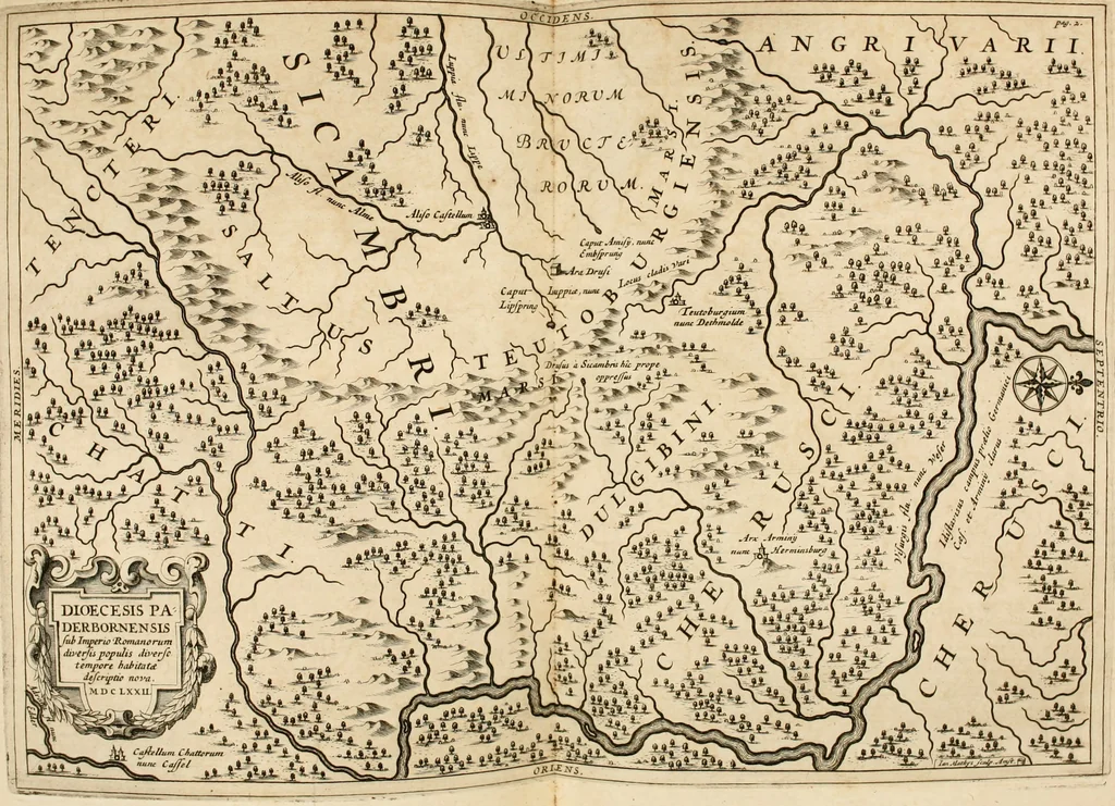 An illustration from Monumenta Paderbornensia : ex historia Romana, Francica, Saxonica eruta, et novis inscriptionibus, figuris, tabulis geographicis & notis illustrata. Accedunt Caroli M. Capitulatio de partibus Saxoniae, ex antiquissimo MS. Palatino Bibliothecae Vaticanae, & Panegyricus Paderbornensis, 1672, leaf 65