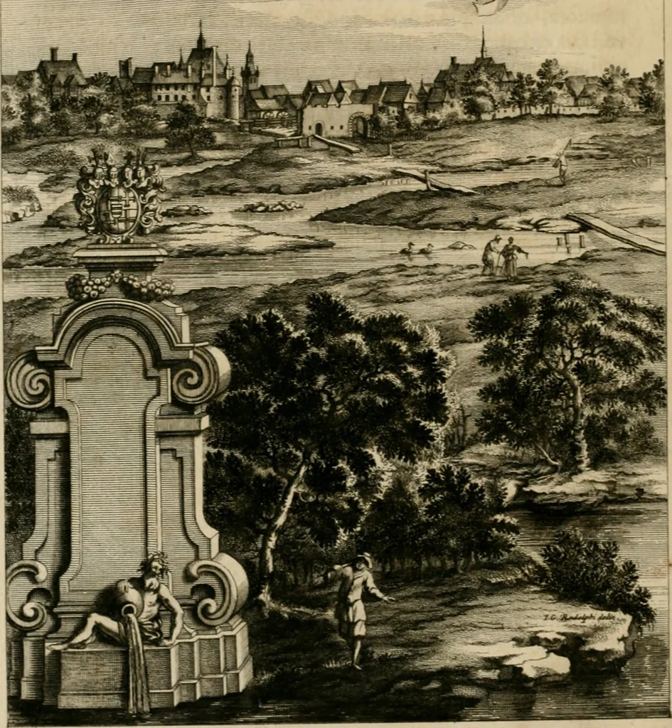An illustration from Monumenta Paderbornensia : ex historia Romana, Francica, Saxonica eruta, et novis inscriptionibus, figuris, tabulis geographicis & notis illustrata. Accedunt Caroli M. Capitulatio de partibus Saxoniae, ex antiquissimo MS. Palatino Bibliothecae Vaticanae, & Panegyricus Paderbornensis, 1672, leaf 75