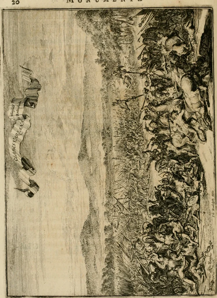 An illustration from Monumenta Paderbornensia : ex historia Romana, Francica, Saxonica eruta, et novis inscriptionibus, figuris, tabulis geographicis & notis illustrata. Accedunt Caroli M. Capitulatio de partibus Saxoniae, ex antiquissimo MS. Palatino Bibliothecae Vaticanae, & Panegyricus Paderbornensis, 1672, leaf 83