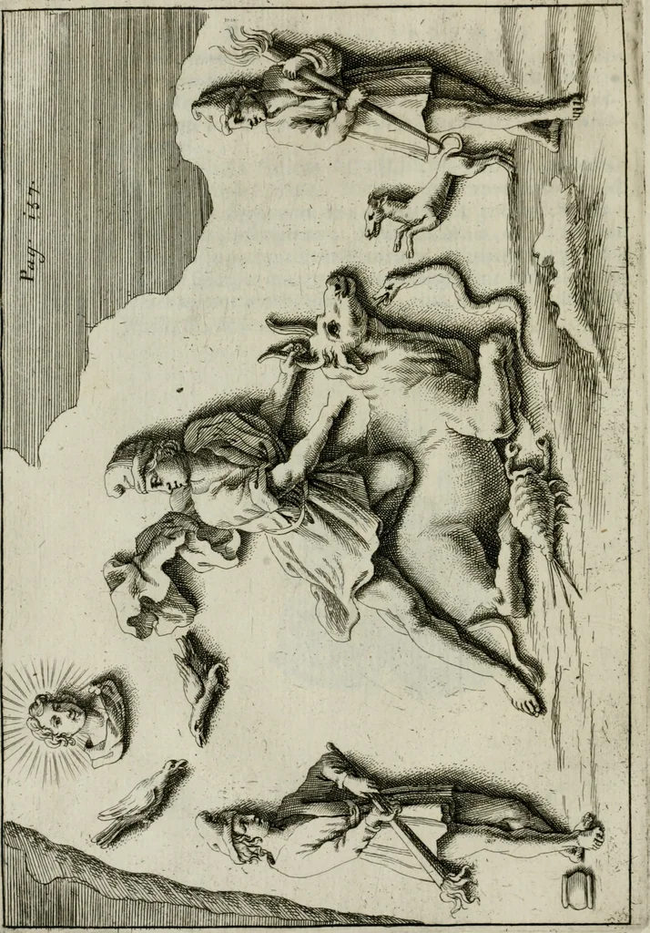 An illustration from Monumenta veteris Antii, hoc est, Inscriptio M. Aquilii et tabula solis Mithrae variis figuris & symbolis exsculpta quae nuper inibi reperta, nunc prodeunt commentari illustrata, & accuratè explicata : accedunt Dissertationes de Beleno et aliis quibusdam Aquilejensium diis. et De colonia Forojuliensi, 1700, leaf 181