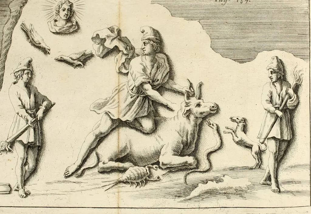 An illustration from Monumenta veteris Antii, hoc est, Inscriptio M. Aquilii et tabula solis Mithrae variis figuris & symbolis exsculpta quae nuper inibi reperta, nunc prodeunt commentari illustrata, & accuratè explicata : accedunt Dissertationes de Beleno et aliis quibusdam Aquilejensium diis. et De colonia Forojuliensi, 1700, leaf 78