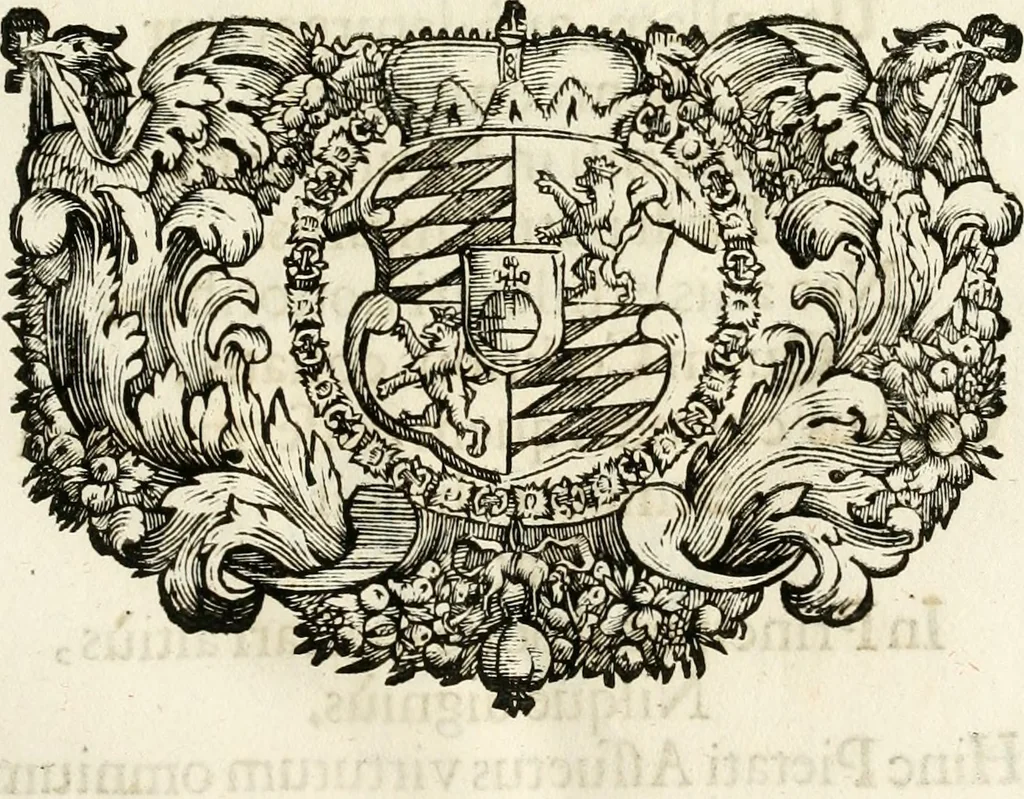 An illustration from Monumentum extremi honoris, perennis virtutis piis manibus serenissimi ac potentissimi principis Ferdinandi Mariae, utriusque Bavariae at superioris Palatinatus ducis ... : in Regio Electorali Templo RR. PP. Clericorum Regularium erectum ac nuncupatum, 1679, leaf 36