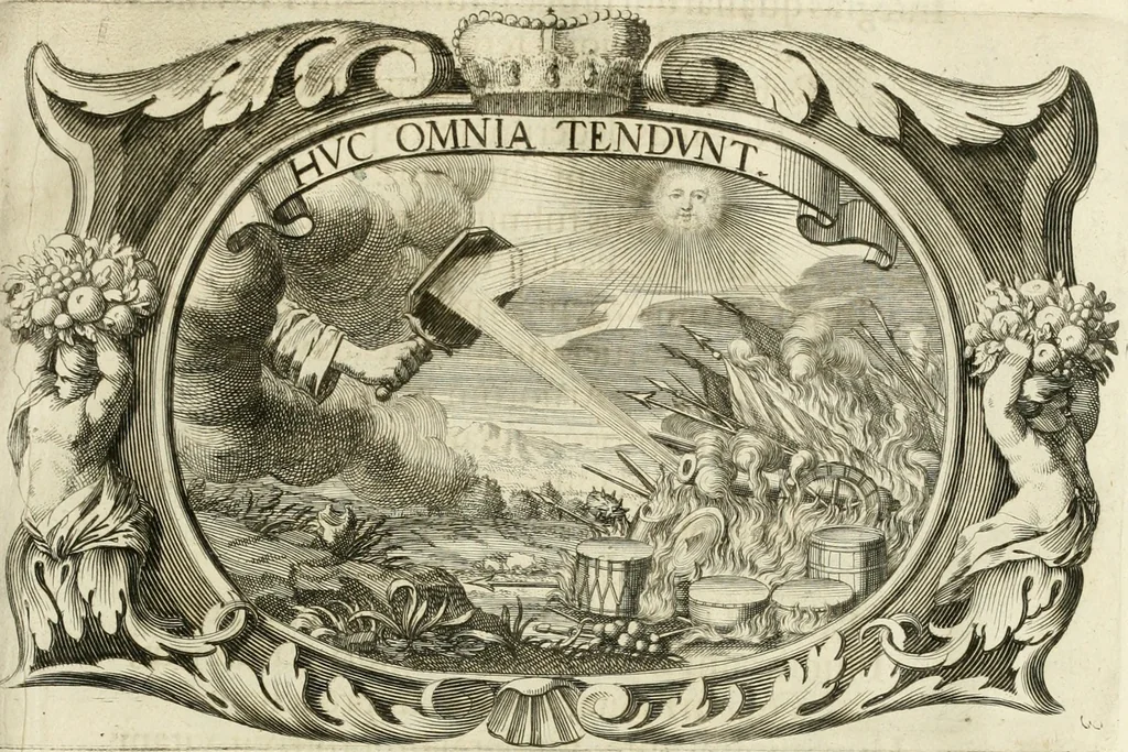 An illustration from Monumentum extremi honoris, perennis virtutis piis manibus serenissimi ac potentissimi principis Ferdinandi Mariae, utriusque Bavariae at superioris Palatinatus ducis ... : in Regio Electorali Templo RR. PP. Clericorum Regularium erectum ac nuncupatum, 1679, leaf 80