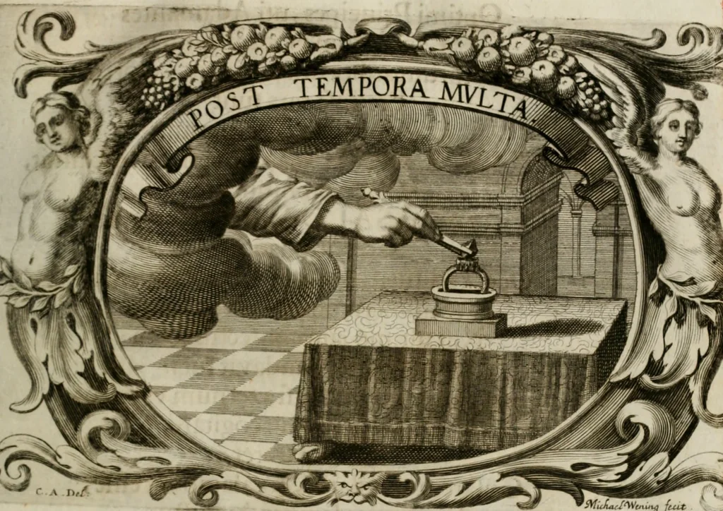 An illustration from Monumentum extremi honoris : perennis virtutis piis manibus serenissimi ac potentissimi principis Ferdinandi Mariae, utriusque Bavariae, ac superioris Palatinatus ducis ... : in Regio Electorali Templo RR. PP. Clericorum Regularium erectum ac nuncupatum, 1679, leaf 64