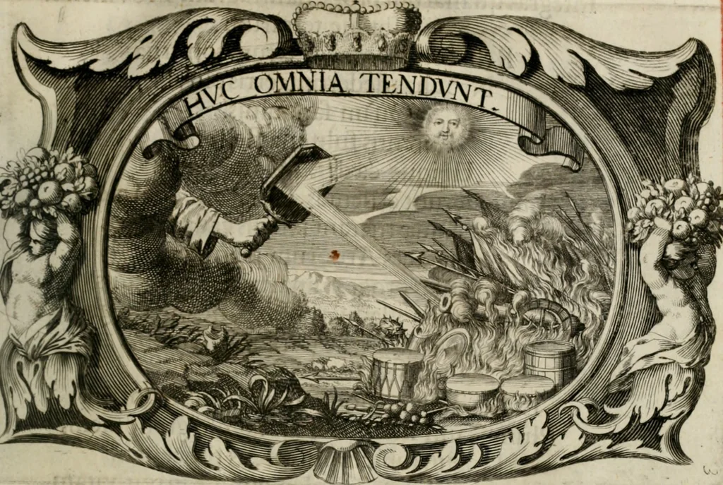 An illustration from Monumentum extremi honoris : perennis virtutis piis manibus serenissimi ac potentissimi principis Ferdinandi Mariae, utriusque Bavariae, ac superioris Palatinatus ducis ... : in Regio Electorali Templo RR. PP. Clericorum Regularium erectum ac nuncupatum, 1679, leaf 80