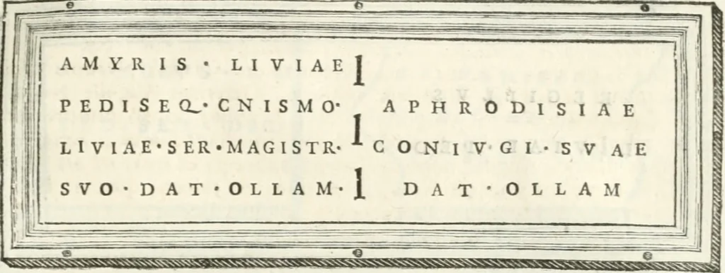 An illustration from Monumentum sive columbarium libertorum et servorum Liviae Augustae et Caesarum : Romae detectum in Via Appia, anno M.D.CC.XXVI., 1727, leaf 140