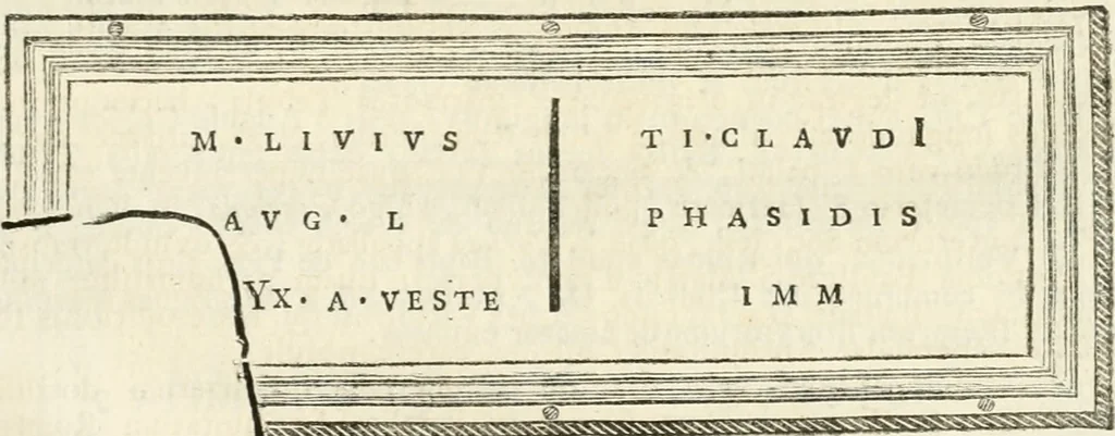 An illustration from Monumentum sive columbarium libertorum et servorum Liviae Augustae et Caesarum : Romae detectum in Via Appia, anno M.D.CC.XXVI., 1727, leaf 174