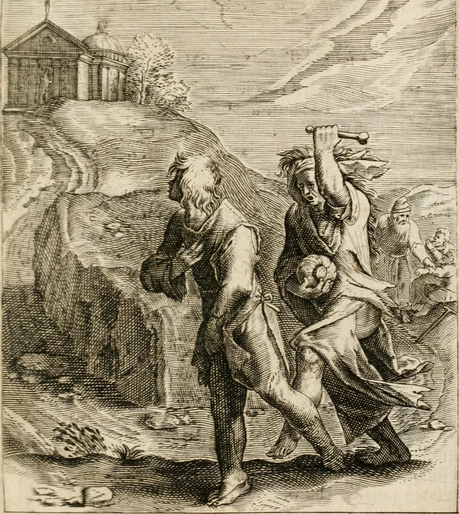 An illustration from Moralia Horatiana, das ist, Die Horatzische sitten-lehre : aus der ernst-sittigen geselschaft der alten weise-meister gezogen, und mit 113 [i.e. 103] in kupfer gestochenen sinn-bildern, und eben so viel erklärungen und andern anmärkungen vorgestellet, 1656, leaf 100