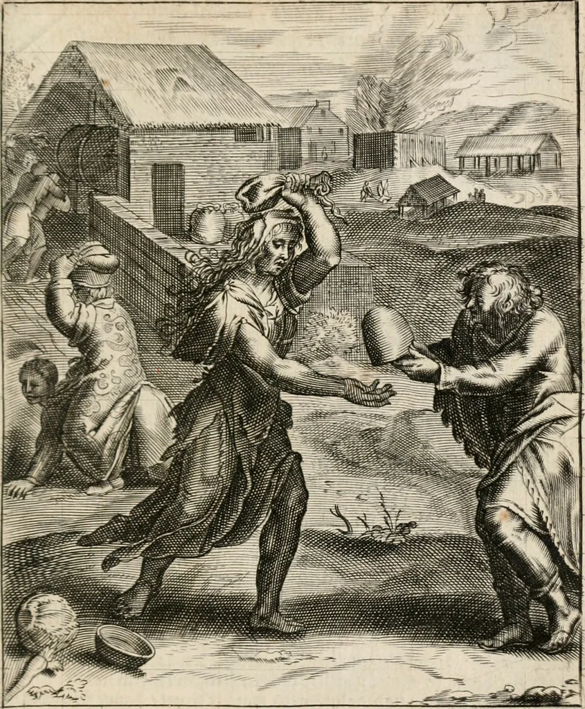 An illustration from Moralia Horatiana, das ist, Die Horatzische sitten-lehre : aus der ernst-sittigen geselschaft der alten weise-meister gezogen, und mit 113 [i.e. 103] in kupfer gestochenen sinn-bildern, und eben so viel erklärungen und andern anmärkungen vorgestellet, 1656, leaf 102