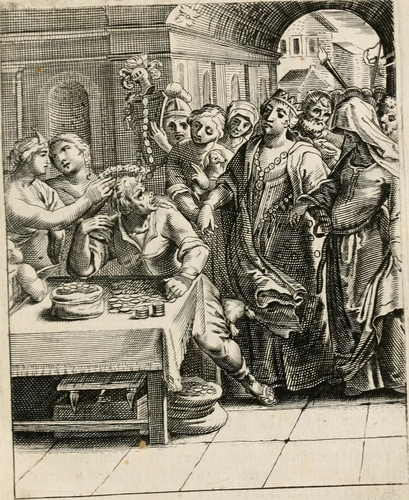 An illustration from Moralia Horatiana, das ist, Die Horatzische sitten-lehre : aus der ernst-sittigen geselschaft der alten weise-meister gezogen, und mit 113 [i.e. 103] in kupfer gestochenen sinn-bildern, und eben so viel erklärungen und andern anmärkungen vorgestellet, 1656, leaf 106