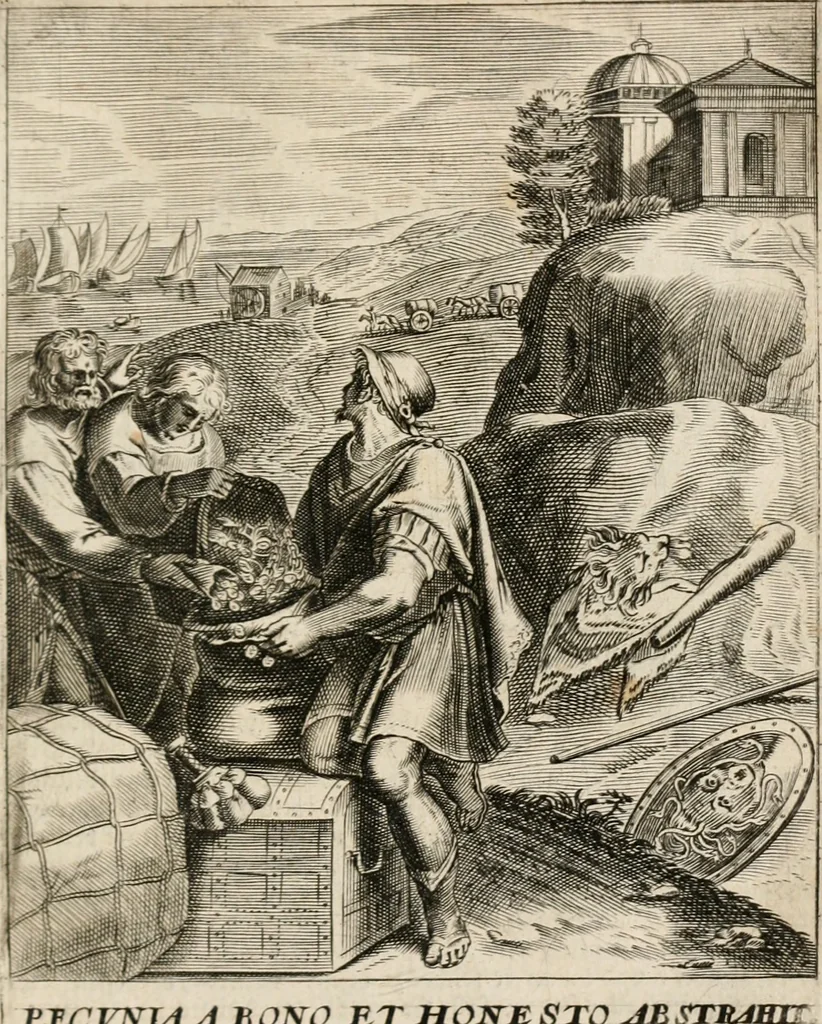 An illustration from Moralia Horatiana, das ist, Die Horatzische sitten-lehre : aus der ernst-sittigen geselschaft der alten weise-meister gezogen, und mit 113 [i.e. 103] in kupfer gestochenen sinn-bildern, und eben so viel erklärungen und andern anmärkungen vorgestellet, 1656, leaf 108