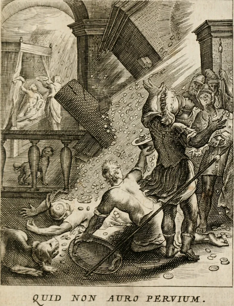 An illustration from Moralia Horatiana, das ist, Die Horatzische sitten-lehre : aus der ernst-sittigen geselschaft der alten weise-meister gezogen, und mit 113 [i.e. 103] in kupfer gestochenen sinn-bildern, und eben so viel erklärungen und andern anmärkungen vorgestellet, 1656, leaf 110