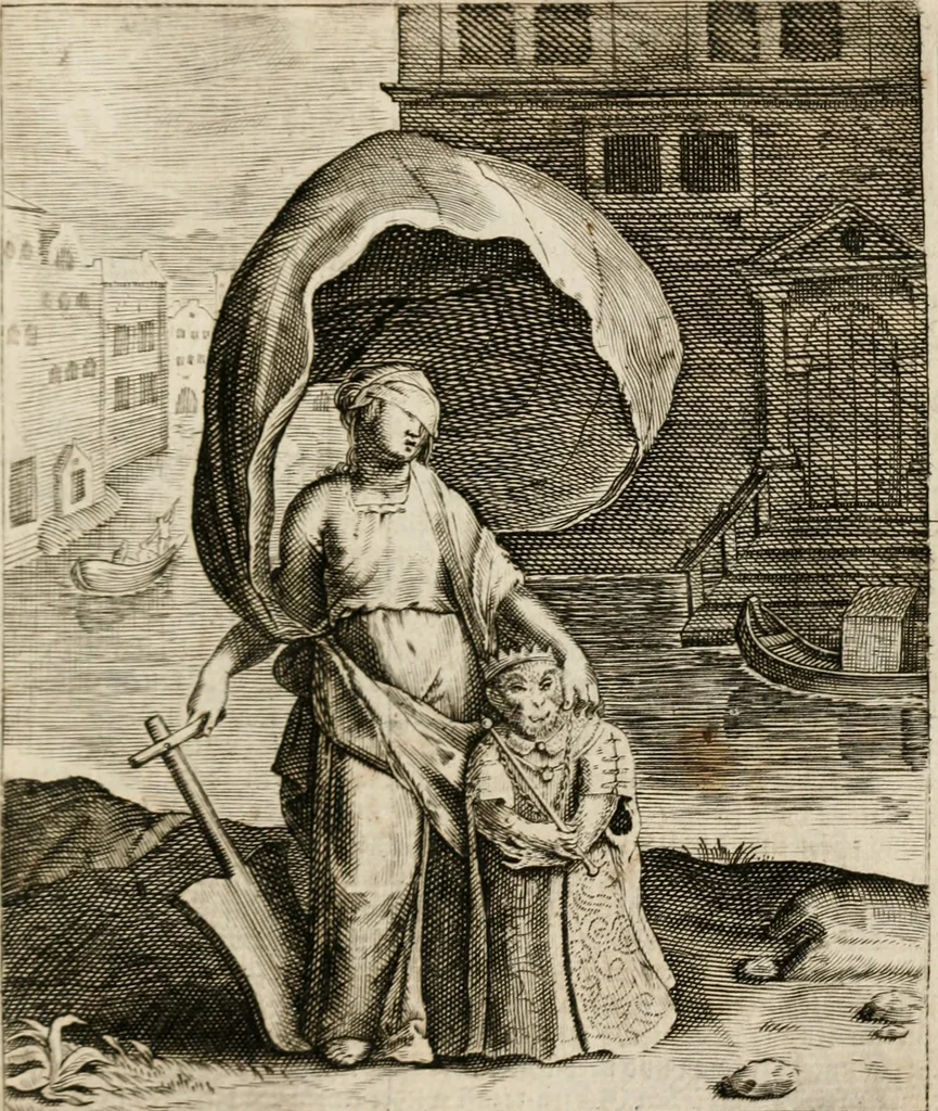 An illustration from Moralia Horatiana, das ist, Die Horatzische sitten-lehre : aus der ernst-sittigen geselschaft der alten weise-meister gezogen, und mit 113 [i.e. 103] in kupfer gestochenen sinn-bildern, und eben so viel erklärungen und andern anmärkungen vorgestellet, 1656, leaf 112