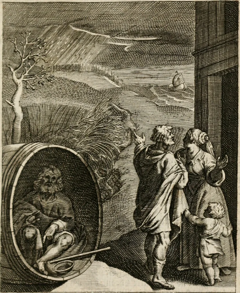 An illustration from Moralia Horatiana, das ist, Die Horatzische sitten-lehre : aus der ernst-sittigen geselschaft der alten weise-meister gezogen, und mit 113 [i.e. 103] in kupfer gestochenen sinn-bildern, und eben so viel erklärungen und andern anmärkungen vorgestellet, 1656, leaf 114