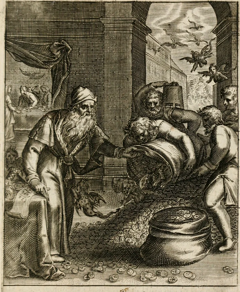 An illustration from Moralia Horatiana, das ist, Die Horatzische sitten-lehre : aus der ernst-sittigen geselschaft der alten weise-meister gezogen, und mit 113 [i.e. 103] in kupfer gestochenen sinn-bildern, und eben so viel erklärungen und andern anmärkungen vorgestellet, 1656, leaf 116