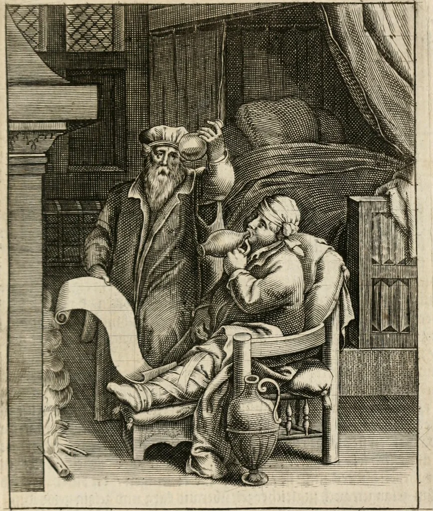 An illustration from Moralia Horatiana, das ist, Die Horatzische sitten-lehre : aus der ernst-sittigen geselschaft der alten weise-meister gezogen, und mit 113 [i.e. 103] in kupfer gestochenen sinn-bildern, und eben so viel erklärungen und andern anmärkungen vorgestellet, 1656, leaf 120
