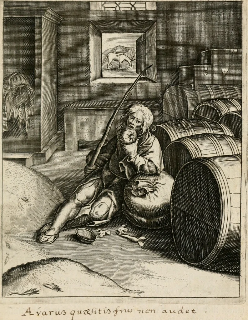 An illustration from Moralia Horatiana, das ist, Die Horatzische sitten-lehre : aus der ernst-sittigen geselschaft der alten weise-meister gezogen, und mit 113 [i.e. 103] in kupfer gestochenen sinn-bildern, und eben so viel erklärungen und andern anmärkungen vorgestellet, 1656, leaf 122