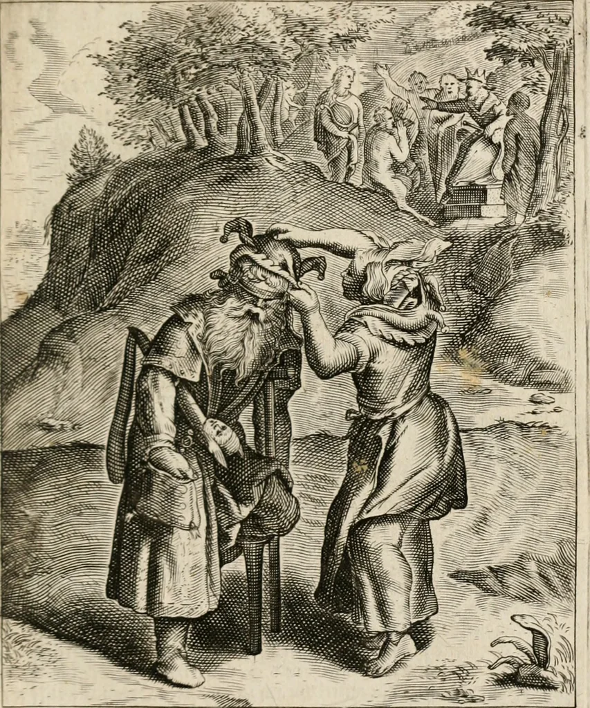 An illustration from Moralia Horatiana, das ist, Die Horatzische sitten-lehre : aus der ernst-sittigen geselschaft der alten weise-meister gezogen, und mit 113 [i.e. 103] in kupfer gestochenen sinn-bildern, und eben so viel erklärungen und andern anmärkungen vorgestellet, 1656, leaf 124