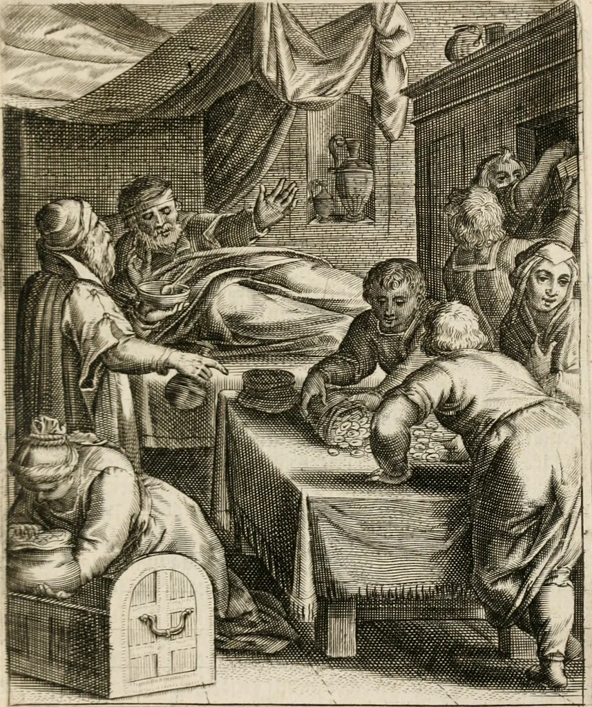 An illustration from Moralia Horatiana, das ist, Die Horatzische sitten-lehre : aus der ernst-sittigen geselschaft der alten weise-meister gezogen, und mit 113 [i.e. 103] in kupfer gestochenen sinn-bildern, und eben so viel erklärungen und andern anmärkungen vorgestellet, 1656, leaf 126