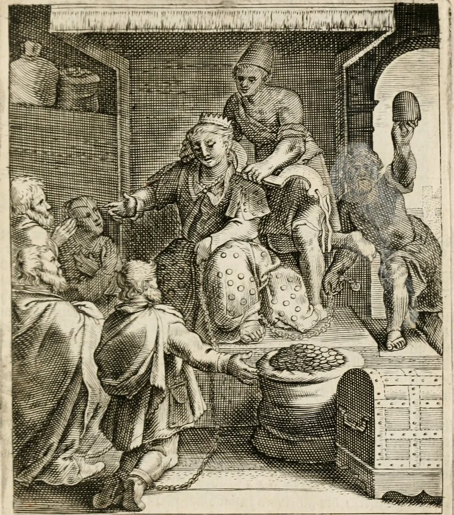 An illustration from Moralia Horatiana, das ist, Die Horatzische sitten-lehre : aus der ernst-sittigen geselschaft der alten weise-meister gezogen, und mit 113 [i.e. 103] in kupfer gestochenen sinn-bildern, und eben so viel erklärungen und andern anmärkungen vorgestellet, 1656, leaf 130