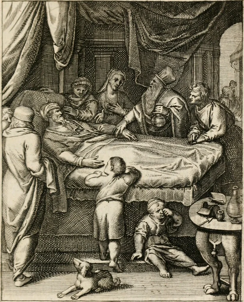 An illustration from Moralia Horatiana, das ist, Die Horatzische sitten-lehre : aus der ernst-sittigen geselschaft der alten weise-meister gezogen, und mit 113 [i.e. 103] in kupfer gestochenen sinn-bildern, und eben so viel erklärungen und andern anmärkungen vorgestellet, 1656, leaf 132
