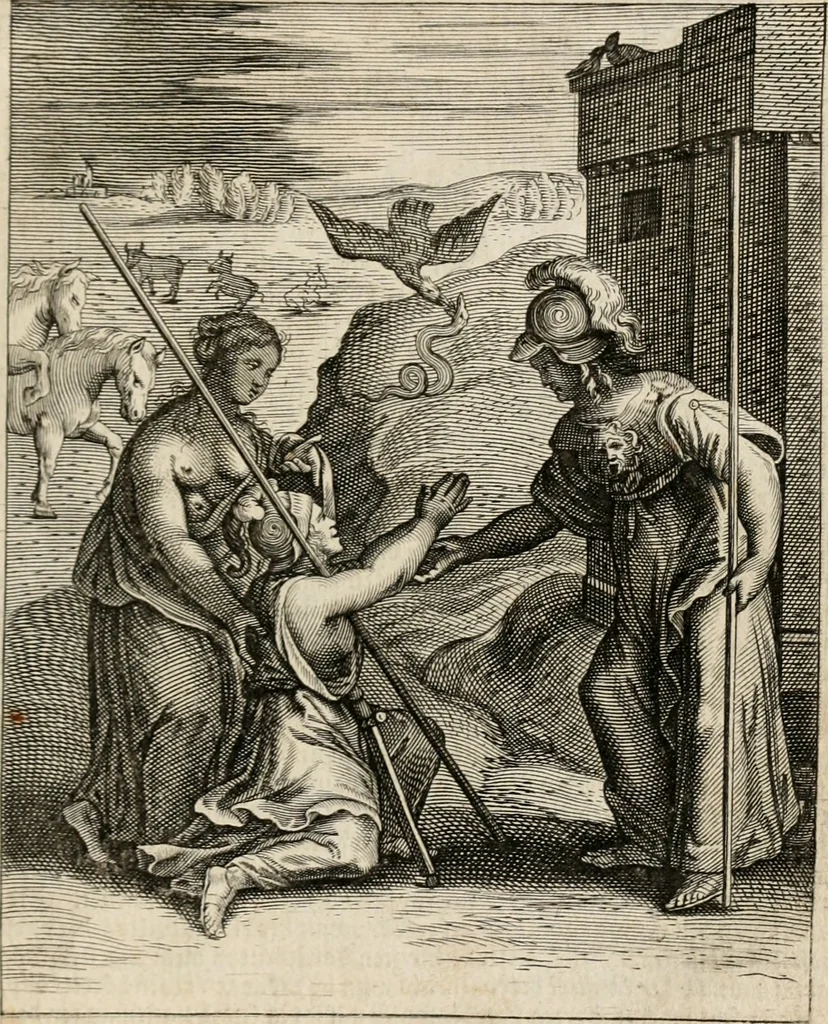 An illustration from Moralia Horatiana, das ist, Die Horatzische sitten-lehre : aus der ernst-sittigen geselschaft der alten weise-meister gezogen, und mit 113 [i.e. 103] in kupfer gestochenen sinn-bildern, und eben so viel erklärungen und andern anmärkungen vorgestellet, 1656, leaf 14