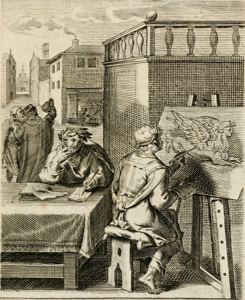 An illustration from Moralia Horatiana, das ist, Die Horatzische sitten-lehre : aus der ernst-sittigen geselschaft der alten weise-meister gezogen, und mit 113 [i.e. 103] in kupfer gestochenen sinn-bildern, und eben so viel erklärungen und andern anmärkungen vorgestellet, 1656, leaf 140