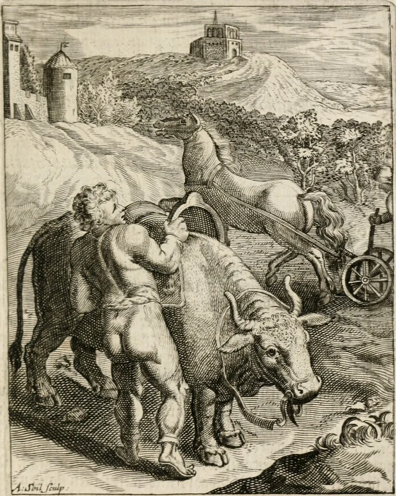 An illustration from Moralia Horatiana, das ist, Die Horatzische sitten-lehre : aus der ernst-sittigen geselschaft der alten weise-meister gezogen, und mit 113 [i.e. 103] in kupfer gestochenen sinn-bildern, und eben so viel erklärungen und andern anmärkungen vorgestellet, 1656, leaf 142