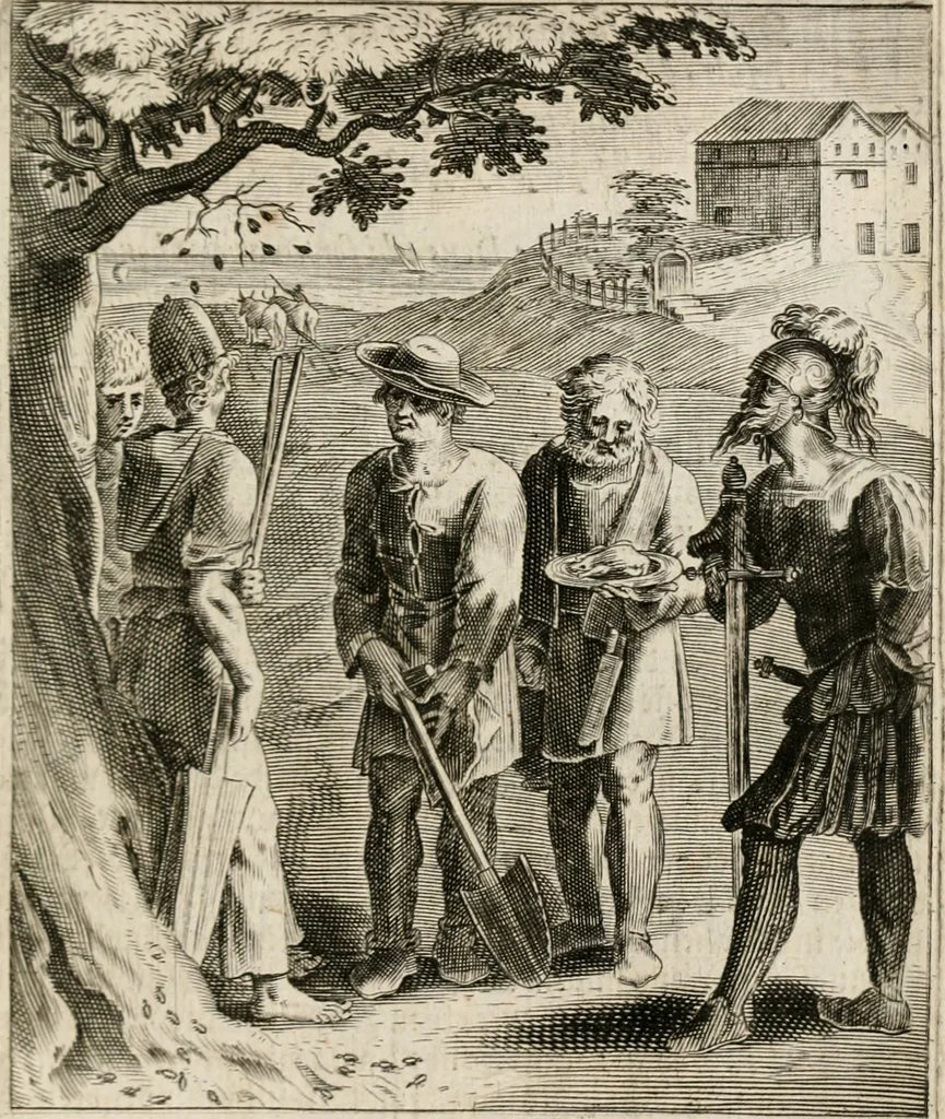 An illustration from Moralia Horatiana, das ist, Die Horatzische sitten-lehre : aus der ernst-sittigen geselschaft der alten weise-meister gezogen, und mit 113 [i.e. 103] in kupfer gestochenen sinn-bildern, und eben so viel erklärungen und andern anmärkungen vorgestellet, 1656, leaf 144