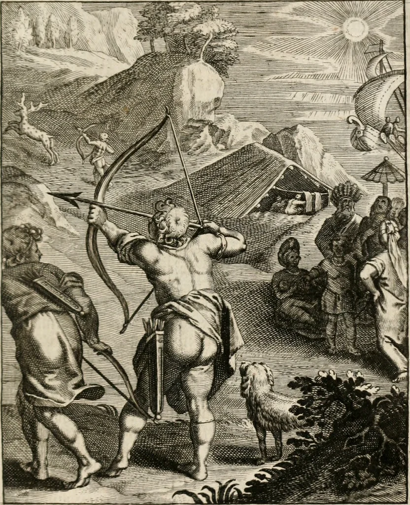 An illustration from Moralia Horatiana, das ist, Die Horatzische sitten-lehre : aus der ernst-sittigen geselschaft der alten weise-meister gezogen, und mit 113 [i.e. 103] in kupfer gestochenen sinn-bildern, und eben so viel erklärungen und andern anmärkungen vorgestellet, 1656, leaf 146