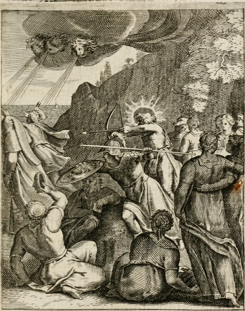 An illustration from Moralia Horatiana, das ist, Die Horatzische sitten-lehre : aus der ernst-sittigen geselschaft der alten weise-meister gezogen, und mit 113 [i.e. 103] in kupfer gestochenen sinn-bildern, und eben so viel erklärungen und andern anmärkungen vorgestellet, 1656, leaf 148