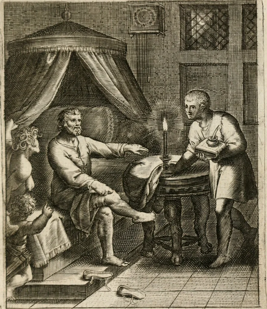 An illustration from Moralia Horatiana, das ist, Die Horatzische sitten-lehre : aus der ernst-sittigen geselschaft der alten weise-meister gezogen, und mit 113 [i.e. 103] in kupfer gestochenen sinn-bildern, und eben so viel erklärungen und andern anmärkungen vorgestellet, 1656, leaf 150