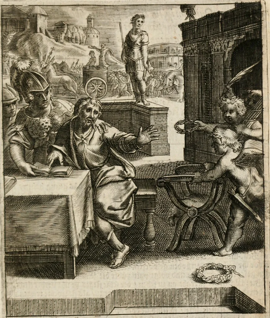 An illustration from Moralia Horatiana, das ist, Die Horatzische sitten-lehre : aus der ernst-sittigen geselschaft der alten weise-meister gezogen, und mit 113 [i.e. 103] in kupfer gestochenen sinn-bildern, und eben so viel erklärungen und andern anmärkungen vorgestellet, 1656, leaf 152