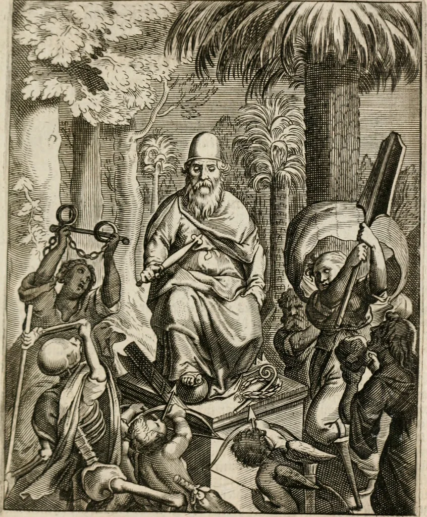 An illustration from Moralia Horatiana, das ist, Die Horatzische sitten-lehre : aus der ernst-sittigen geselschaft der alten weise-meister gezogen, und mit 113 [i.e. 103] in kupfer gestochenen sinn-bildern, und eben so viel erklärungen und andern anmärkungen vorgestellet, 1656, leaf 154