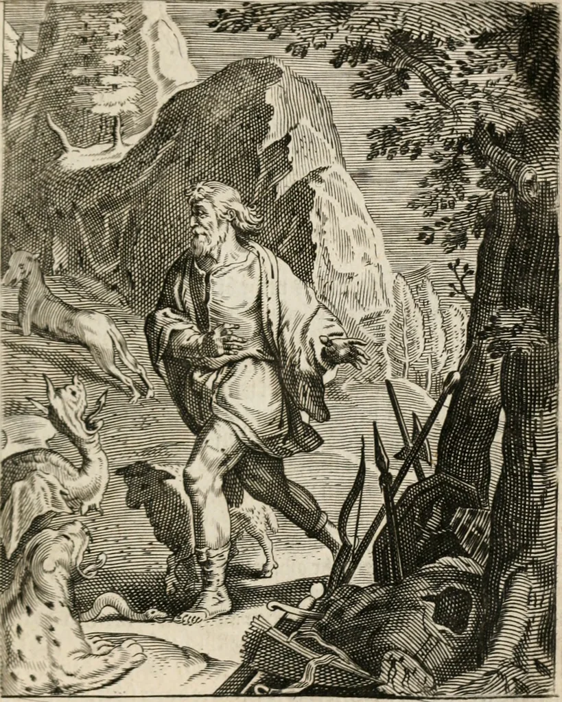 An illustration from Moralia Horatiana, das ist, Die Horatzische sitten-lehre : aus der ernst-sittigen geselschaft der alten weise-meister gezogen, und mit 113 [i.e. 103] in kupfer gestochenen sinn-bildern, und eben so viel erklärungen und andern anmärkungen vorgestellet, 1656, leaf 158