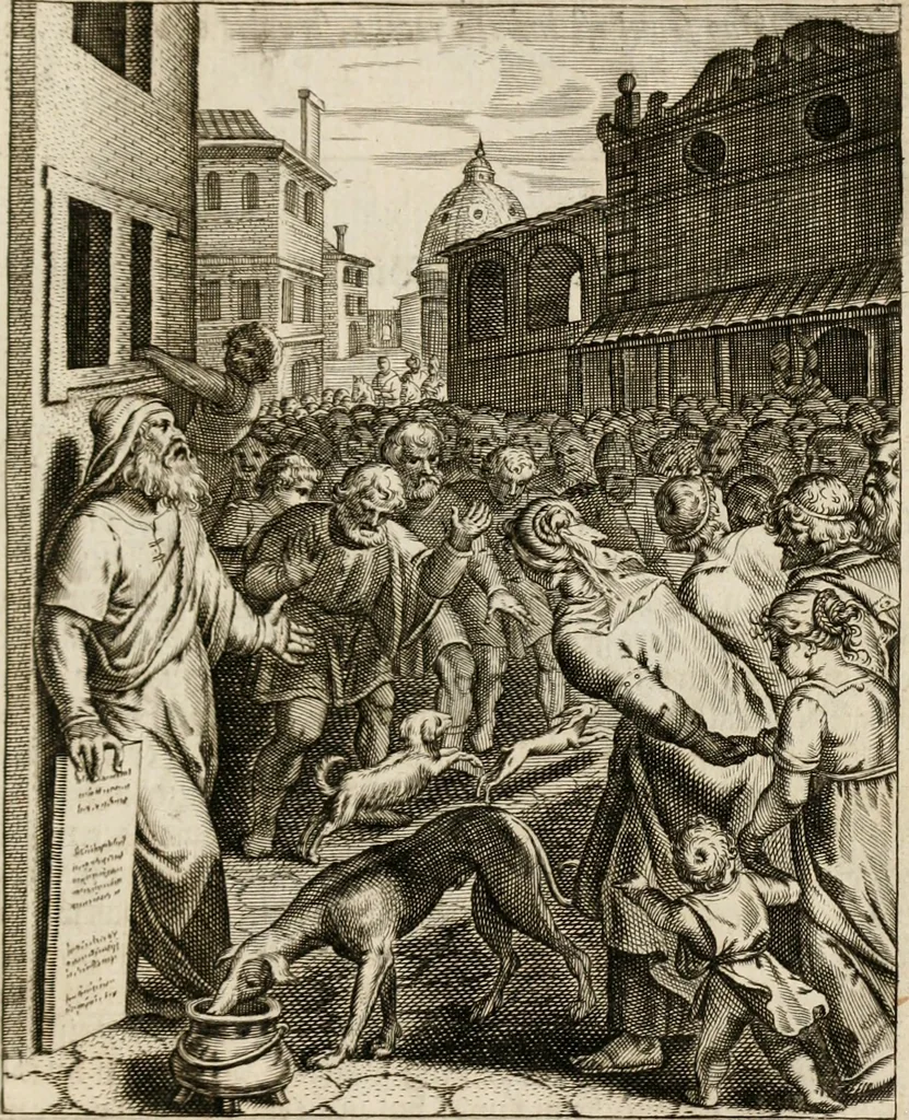 An illustration from Moralia Horatiana, das ist, Die Horatzische sitten-lehre : aus der ernst-sittigen geselschaft der alten weise-meister gezogen, und mit 113 [i.e. 103] in kupfer gestochenen sinn-bildern, und eben so viel erklärungen und andern anmärkungen vorgestellet, 1656, leaf 16