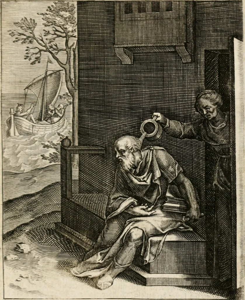 An illustration from Moralia Horatiana, das ist, Die Horatzische sitten-lehre : aus der ernst-sittigen geselschaft der alten weise-meister gezogen, und mit 113 [i.e. 103] in kupfer gestochenen sinn-bildern, und eben so viel erklärungen und andern anmärkungen vorgestellet, 1656, leaf 160