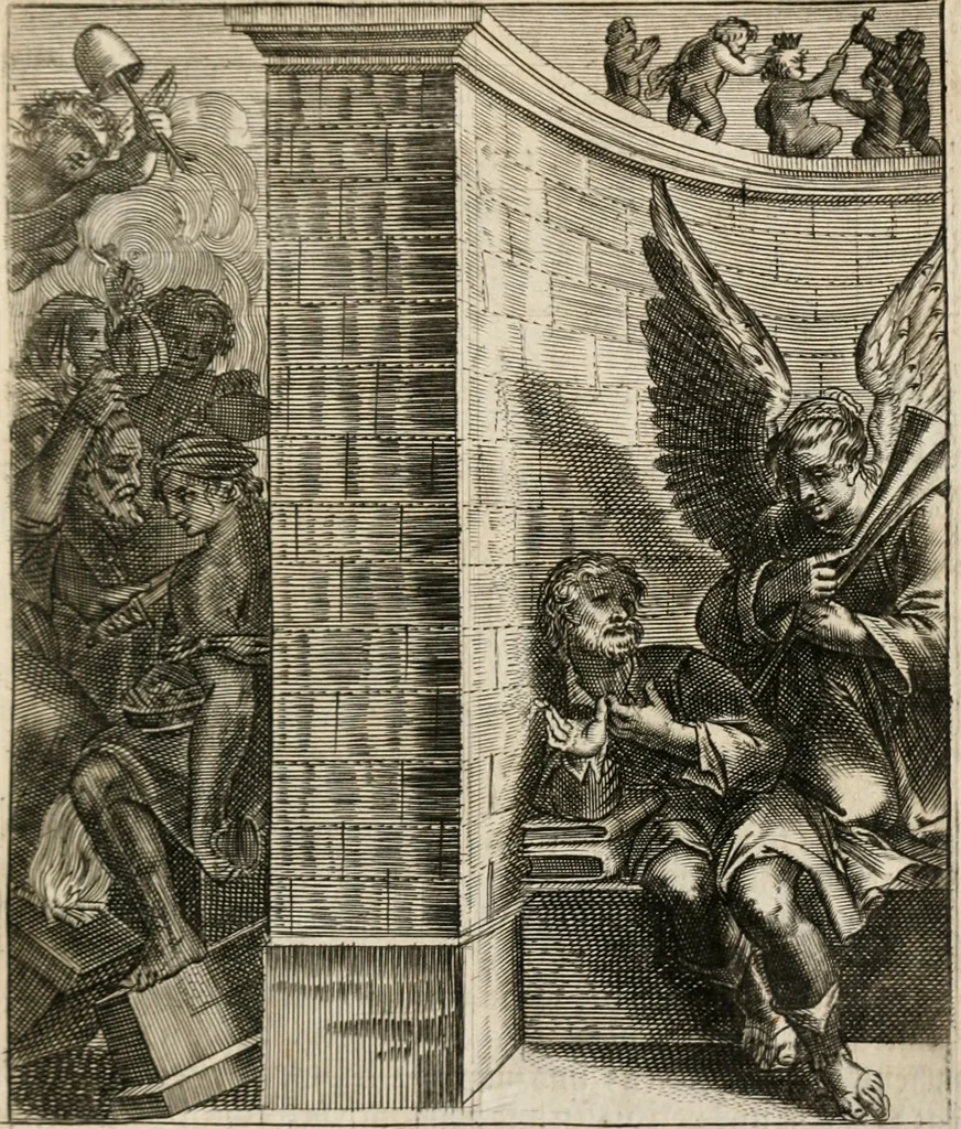 An illustration from Moralia Horatiana, das ist, Die Horatzische sitten-lehre : aus der ernst-sittigen geselschaft der alten weise-meister gezogen, und mit 113 [i.e. 103] in kupfer gestochenen sinn-bildern, und eben so viel erklärungen und andern anmärkungen vorgestellet, 1656, leaf 162