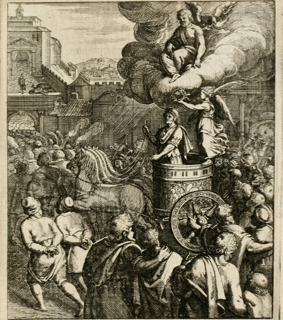 An illustration from Moralia Horatiana, das ist, Die Horatzische sitten-lehre : aus der ernst-sittigen geselschaft der alten weise-meister gezogen, und mit 113 [i.e. 103] in kupfer gestochenen sinn-bildern, und eben so viel erklärungen und andern anmärkungen vorgestellet, 1656, leaf 166