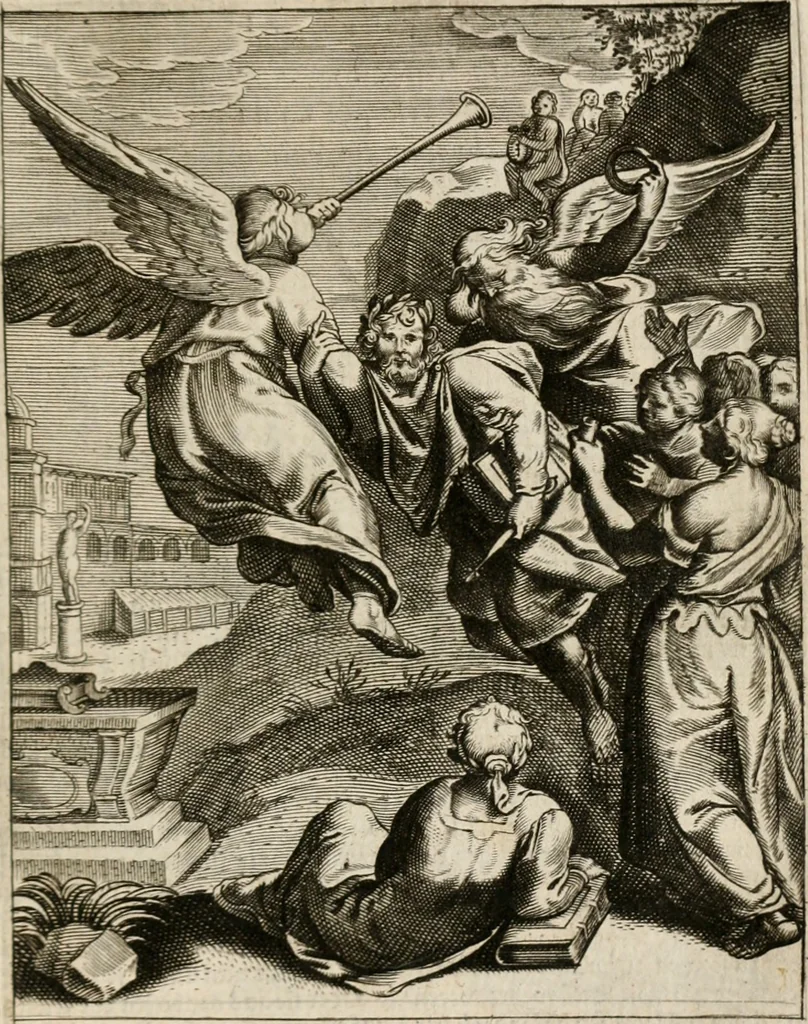An illustration from Moralia Horatiana, das ist, Die Horatzische sitten-lehre : aus der ernst-sittigen geselschaft der alten weise-meister gezogen, und mit 113 [i.e. 103] in kupfer gestochenen sinn-bildern, und eben so viel erklärungen und andern anmärkungen vorgestellet, 1656, leaf 168
