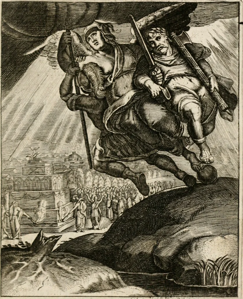 An illustration from Moralia Horatiana, das ist, Die Horatzische sitten-lehre : aus der ernst-sittigen geselschaft der alten weise-meister gezogen, und mit 113 [i.e. 103] in kupfer gestochenen sinn-bildern, und eben so viel erklärungen und andern anmärkungen vorgestellet, 1656, leaf 170