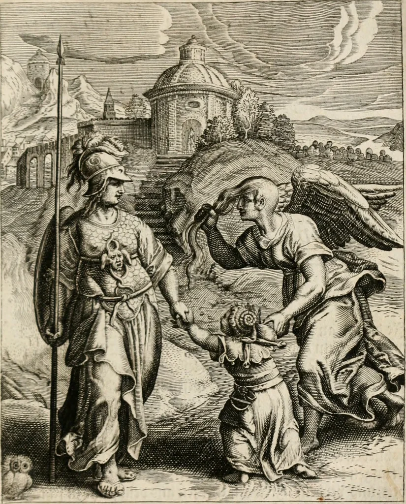 An illustration from Moralia Horatiana, das ist, Die Horatzische sitten-lehre : aus der ernst-sittigen geselschaft der alten weise-meister gezogen, und mit 113 [i.e. 103] in kupfer gestochenen sinn-bildern, und eben so viel erklärungen und andern anmärkungen vorgestellet, 1656, leaf 174
