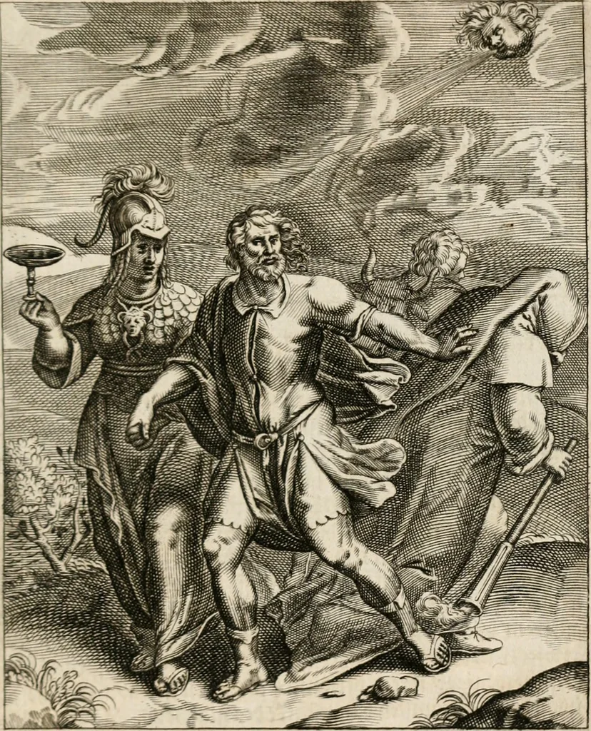 An illustration from Moralia Horatiana, das ist, Die Horatzische sitten-lehre : aus der ernst-sittigen geselschaft der alten weise-meister gezogen, und mit 113 [i.e. 103] in kupfer gestochenen sinn-bildern, und eben so viel erklärungen und andern anmärkungen vorgestellet, 1656, leaf 176